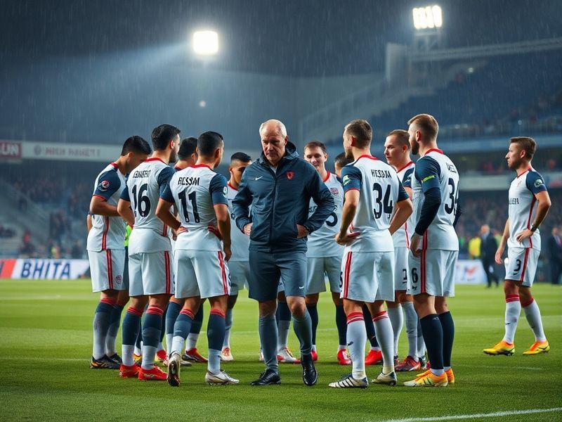 A dynamic action shot of Marco Rose on the sidelines during a Bundesliga match, with his team in red and white kits, intense