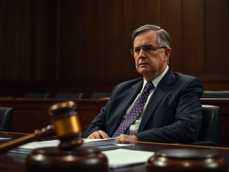 A courtroom sketch-style illustration showing a figure in academic robes standing before a judge's bench, with a university b