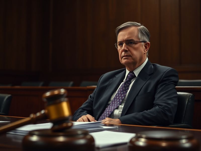 A courtroom sketch-style illustration showing a figure in academic robes standing before a judge's bench, with a university b