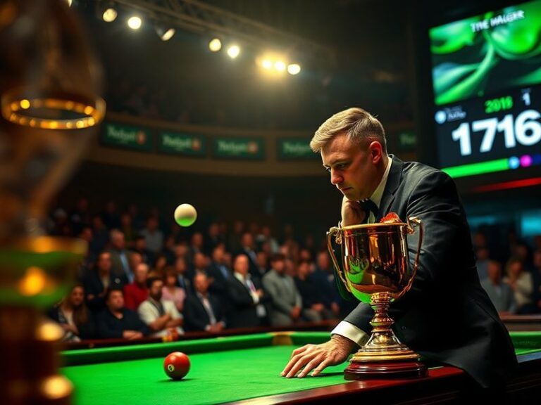A vibrant shot of the Crucible Theatre’s iconic snooker table under bright lights, with the golden trophy gleaming in the for