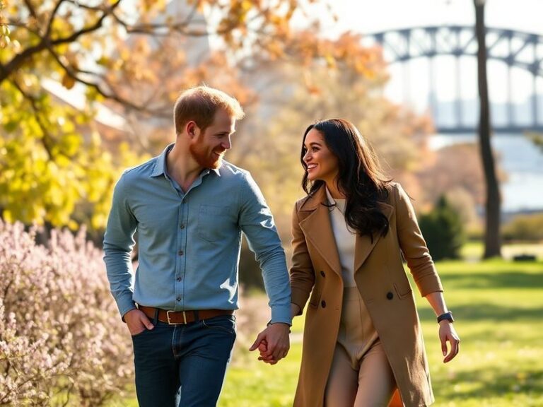 A candid shot of Prince Harry and Meghan, Duchess of Sussex, engaging with Indigenous youth in Sydney, Australia, during a co