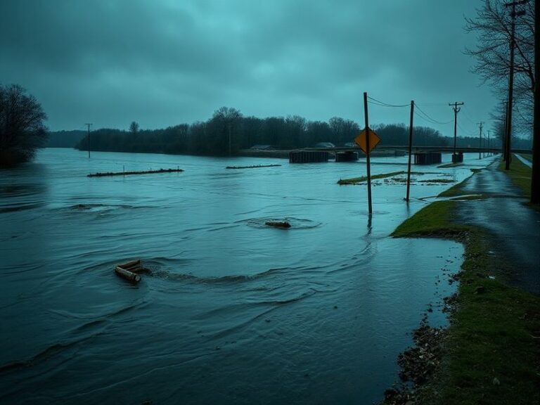 Aerial view of a flooded suburban neighborhood with houses partially submerged, emergency vehicles on the street, and residen