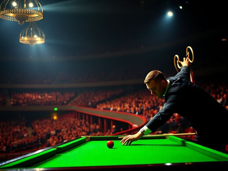 A dynamic shot of a snooker match at the Crucible Theatre, featuring two players in mid-action with a packed audience in the