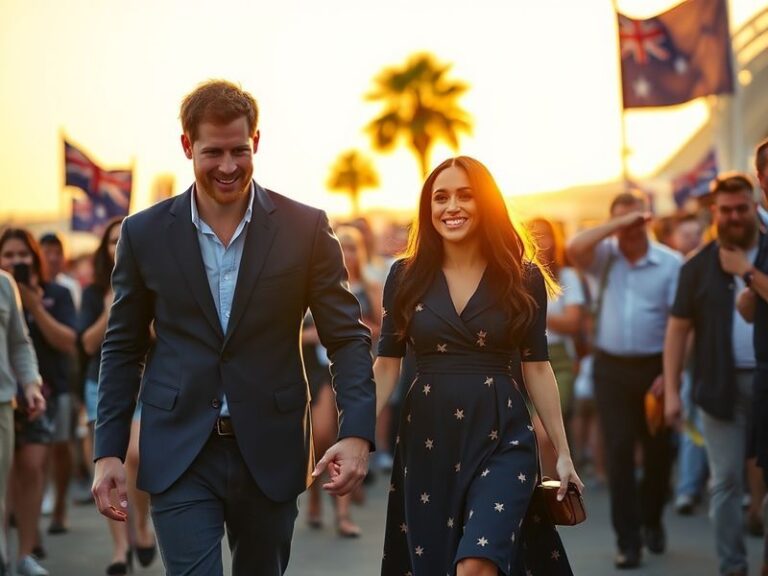 A warm, candid photograph of Harry and Meghan interacting with local children in an outdoor setting, surrounded by greenery a