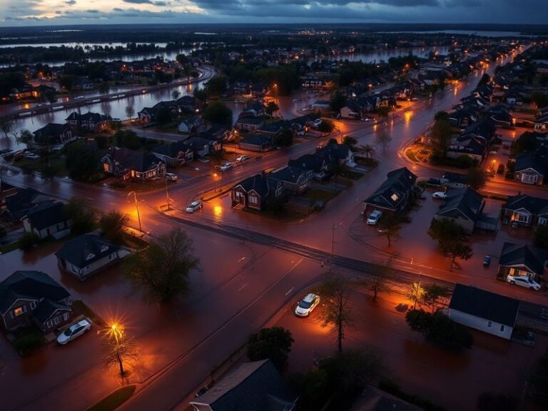 A flooded suburban street with water rising around cars and houses, dark stormy skies overhead, and a National Weather Servic