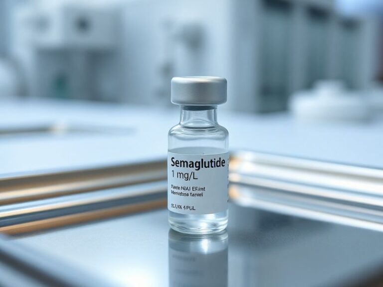 A close-up of a person administering a semaglutide injection pen, with medical charts and a scale subtly visible in the backg