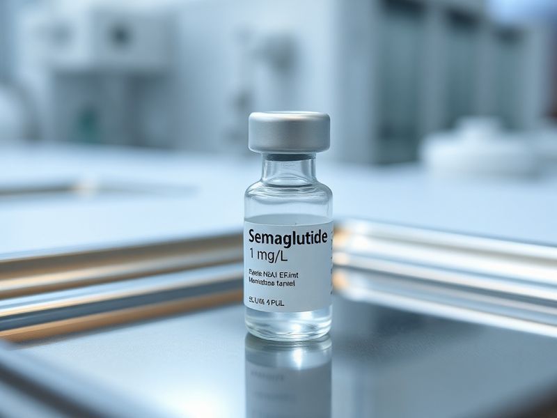 A close-up of a person administering a semaglutide injection pen, with medical charts and a scale subtly visible in the backg