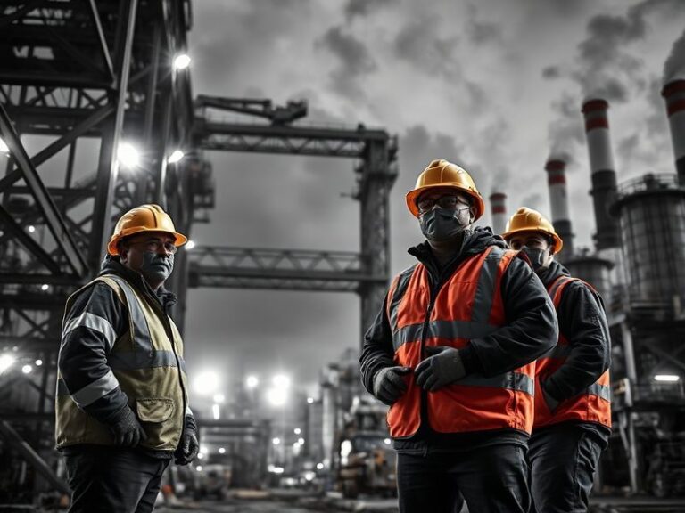 A high-tech industrial facility with robotic arms assembling components, glowing with blue LED lighting. The background shows