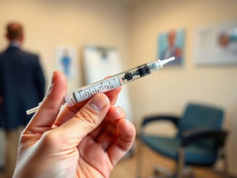 A modern pharmacy shelf stocked with semaglutide pens (Ozempic/Wegovy), with a blurred background of medical research documen