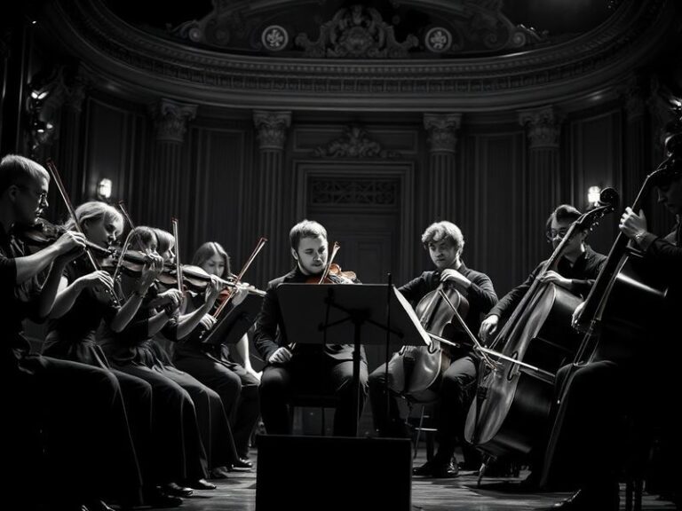 A stylized shot of eight strangers in a dimly lit room, captured in stark black and white with minimalist set design. The moo