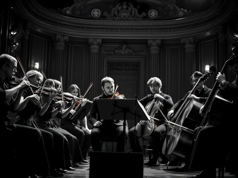 A stylized shot of eight strangers in a dimly lit room, captured in stark black and white with minimalist set design. The moo