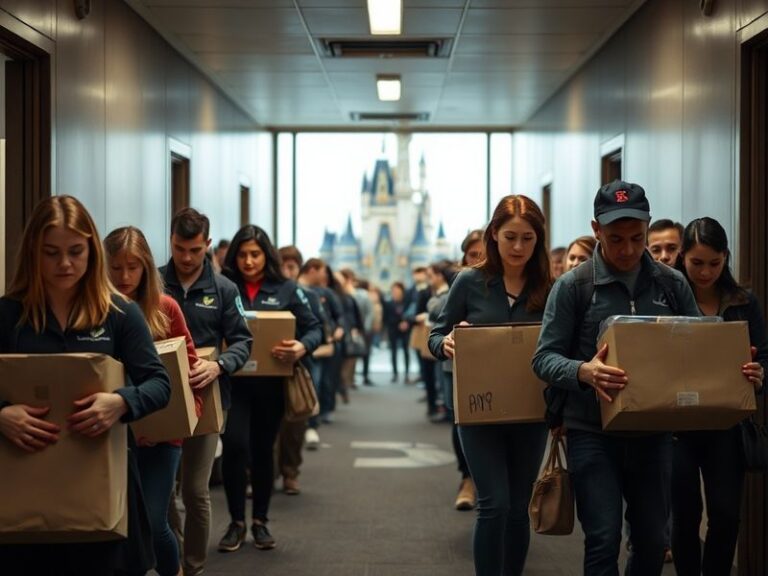 A wide-angle shot of Disney’s Burbank headquarters with employees walking in and out, set against a dramatic sunset to convey
