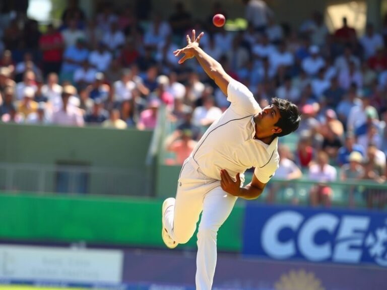 A dynamic action shot of Kartik Tyagi bowling in a cricket match, wearing the Rajasthan Royals jersey, with a blurred stadium