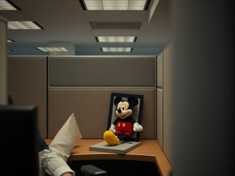 A split-image illustration showing a cheerful Disney cast member in a vintage costume on one side, and on the other, a somber