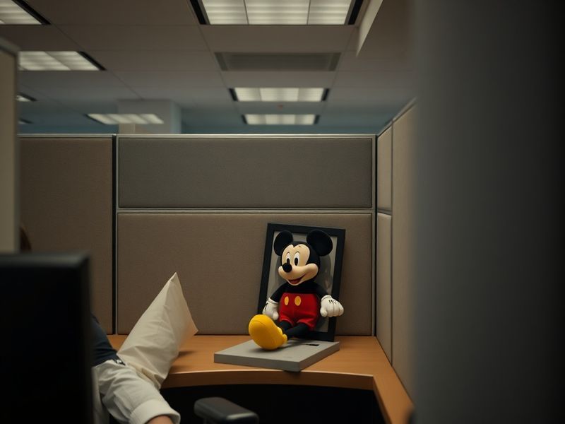 A split-image illustration showing a cheerful Disney cast member in a vintage costume on one side, and on the other, a somber