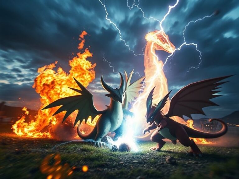 A dynamic battle scene featuring Mega Rayquaza and Mega Charizard X clashing in a stormy arena, with vibrant Mega Evolution a
