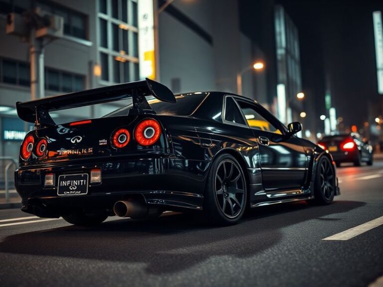 A split-side image showing a modern Nissan Skyline GT-R on the left with aggressive styling and a glossy Infiniti Q50 on the