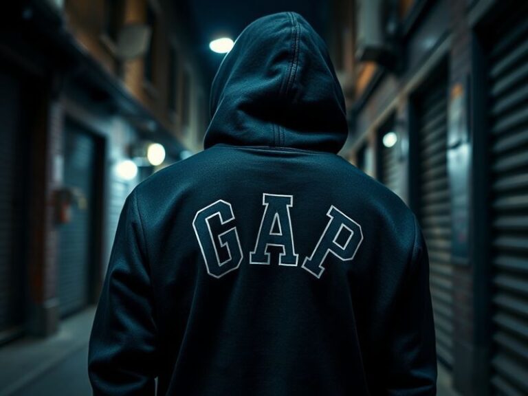 A model wearing the Gap Katseye hoodie in black, styled with straight-leg jeans and white sneakers, standing in an urban alle