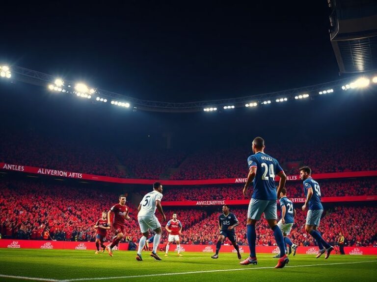 A dynamic shot of Liverpool players celebrating a goal against PSG, with Anfield stadium blurred in the background, capturing