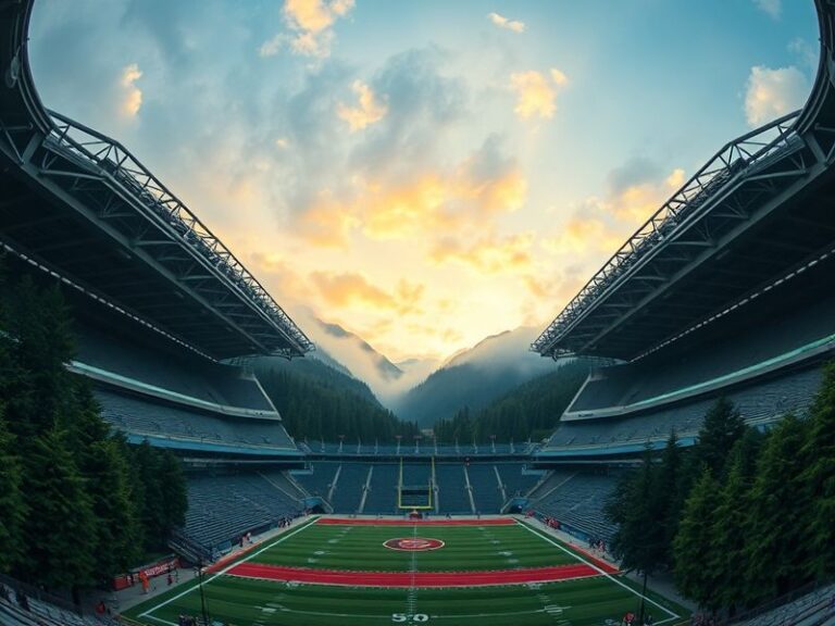 An aerial rendering of Northwest Stadium under construction in Seattle’s SODO district, showing cranes, green roofs, and the