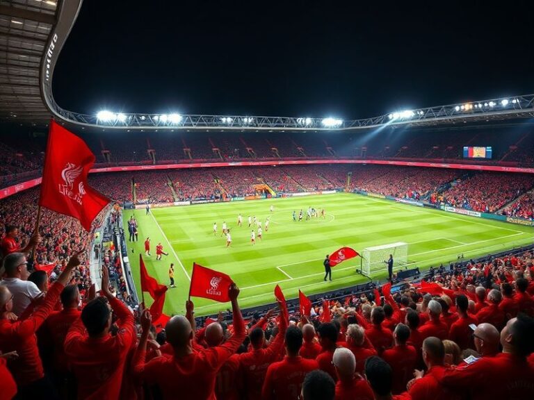 A wide-angle shot of Anfield stadium during a Liverpool match, with players in mid-action and the crowd blurred in the backgr