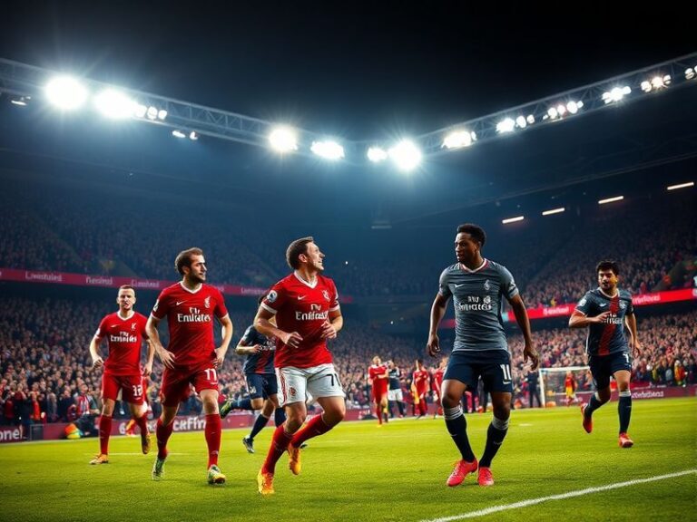 A dynamic shot of Liverpool and PSG players in action at Anfield, with Liverpool’s red shirts contrasting against PSG’s blue,