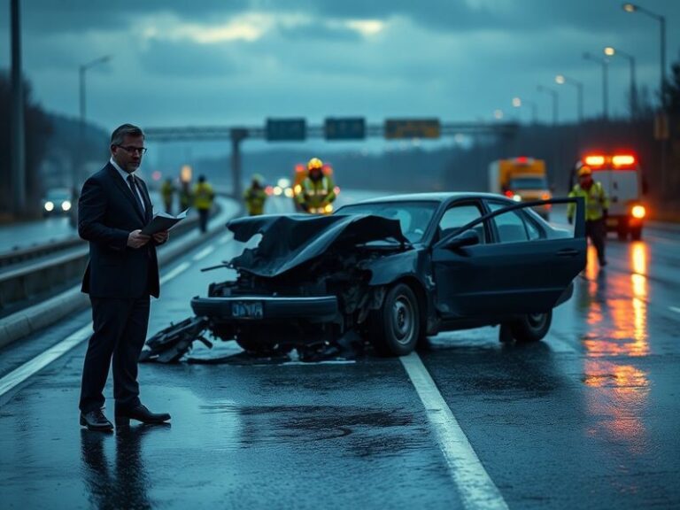 A focused car wreck lawyer reviewing documents at a desk, with a gavel and car accident photos in the background. The setting