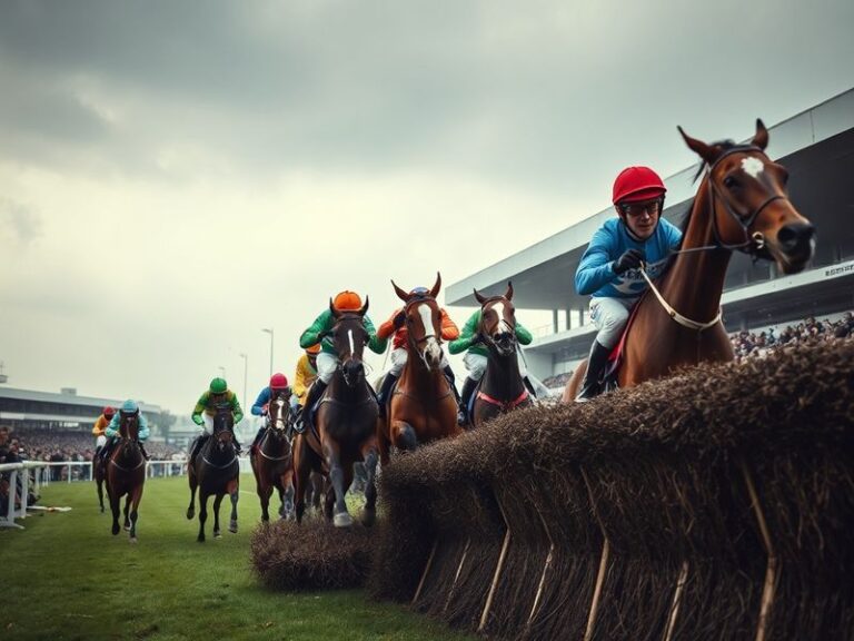 A dramatic shot of the Grand National at Aintree Racecourse, featuring horses and jockeys navigating Becher's Brook under clo