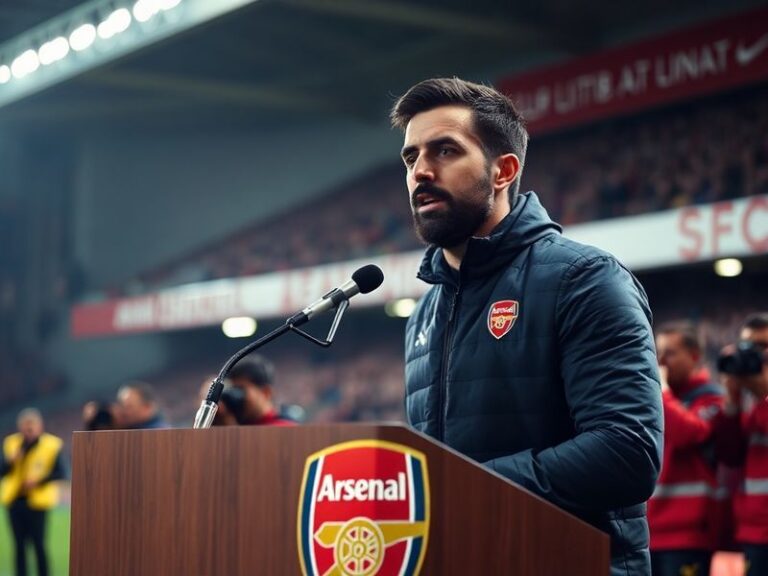 A split-screen image showing Mikel Arteta speaking at a podium during a press conference, with tactical diagrams on a screen