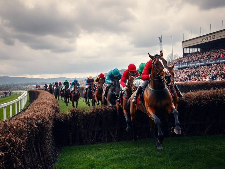 A dramatic shot of the Grand National at Aintree, with horses jumping Becher's Brook under a cloudy sky, jockeys in vivid sil