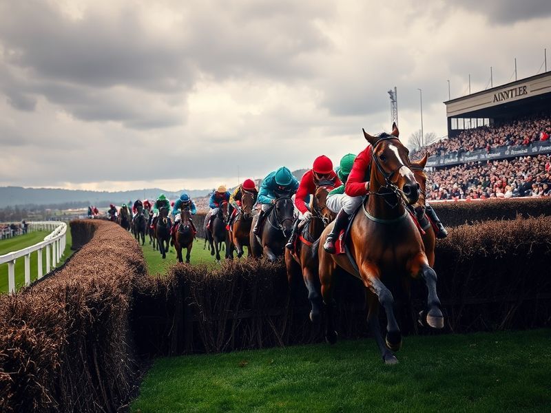 A dramatic shot of the Grand National at Aintree, with horses jumping Becher's Brook under a cloudy sky, jockeys in vivid sil