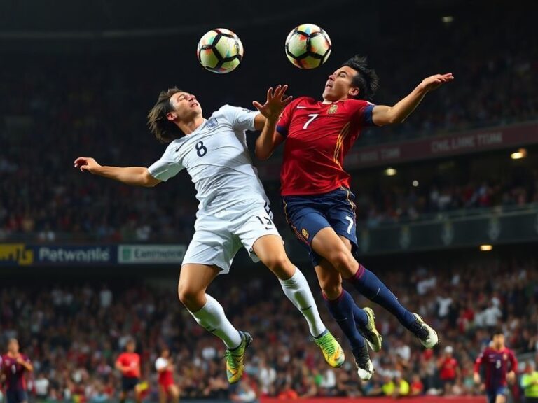 A dynamic action shot of England and Spain players mid-match, with the Spanish flag and English flag visible in the backgroun
