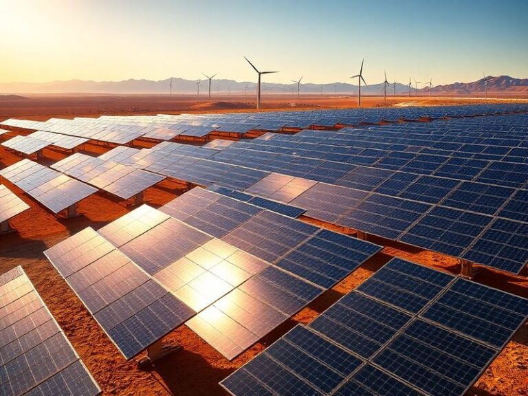 A futuristic solar and wind farm at sunset, with sleek turbines and high-efficiency panels set against a dramatic sky, convey