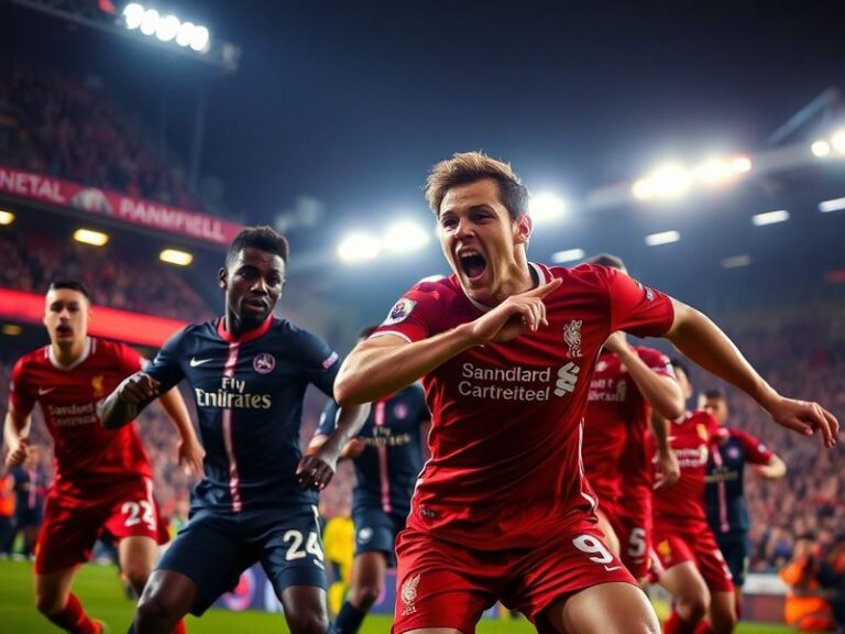 A dynamic shot of Liverpool and PSG players in action during their Champions League match, showcasing the intensity and compe
