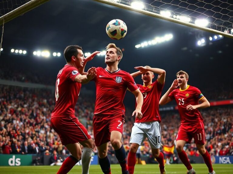 A dynamic mid-match scene at a packed stadium, featuring England and Spain players in intense competition. The image captures