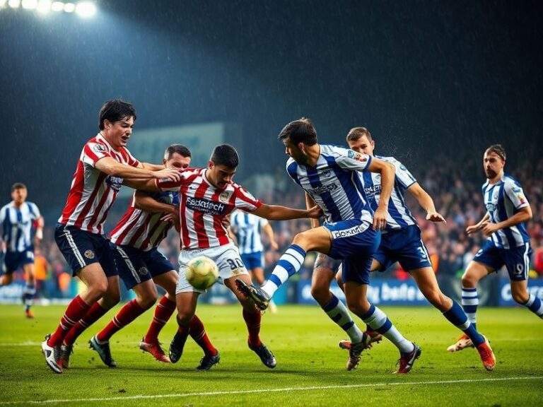 A packed Fratton Park stadium with Portsmouth and Ipswich fans creating a vibrant atmosphere, players in action on the pitch