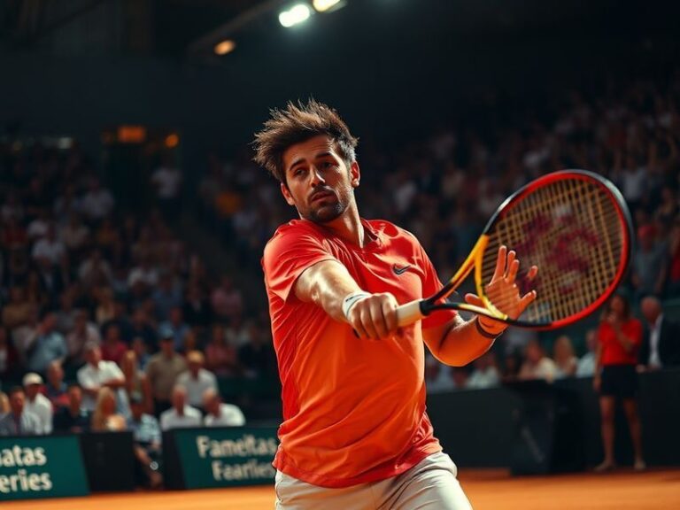 A dynamic action shot of Arthur Fils mid-forehand swing on a blue clay court, showcasing his athletic form, intense focus, an
