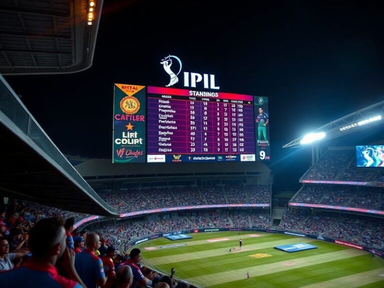 A vibrant stadium packed with cheering fans under floodlights, displaying the IPL 2024 logo and team jerseys. The scene captu