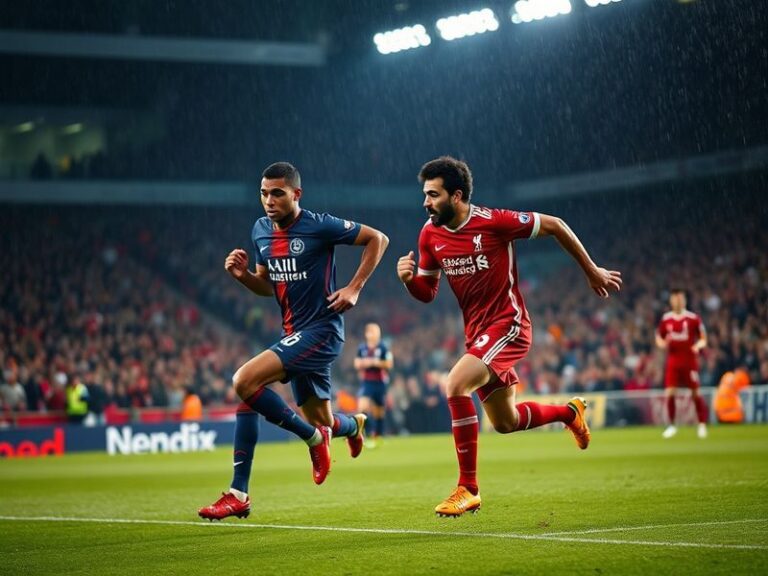 A dynamic image of Liverpool and PSG players in action during a Champions League match, with Anfield’s iconic red stands and