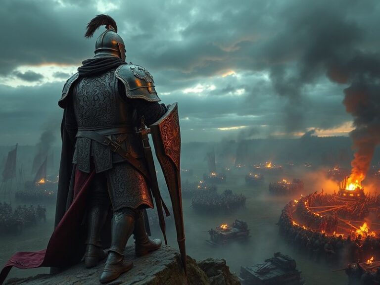 A knight in weathered armor stands beside a young prince in regal clothing, both looking determined under a stormy sky. The s