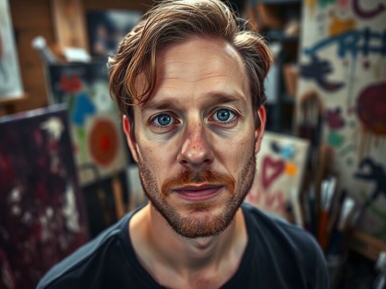 A split-image composition: on one side, Quinn Ellis in a dimly lit studio setting, speaking into a microphone with a thoughtf