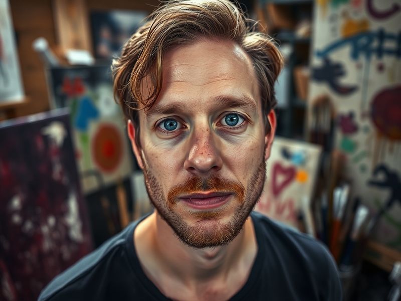 A split-image composition: on one side, Quinn Ellis in a dimly lit studio setting, speaking into a microphone with a thoughtf