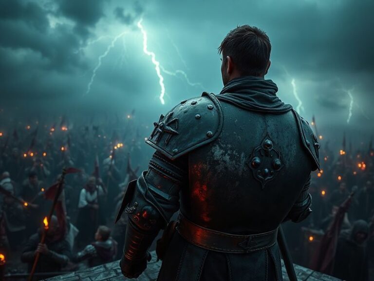 A hand-drawn animated scene featuring Ser Duncan the Tall in weathered armor standing on a hilltop at dusk, overlooking a med