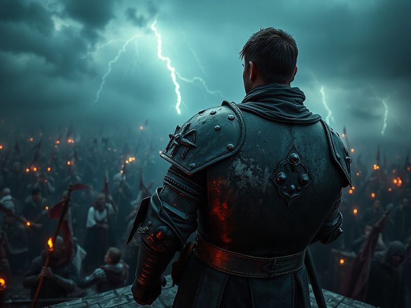 A hand-drawn animated scene featuring Ser Duncan the Tall in weathered armor standing on a hilltop at dusk, overlooking a med