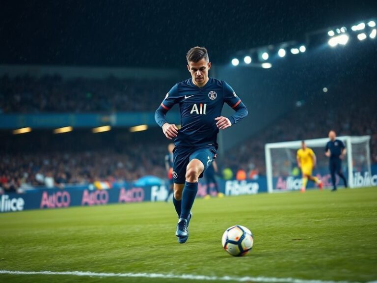A dynamic action shot of Warren Zaïre-Emery in PSG kit, mid-dribble on the pitch with blurred stadium background, emphasizing