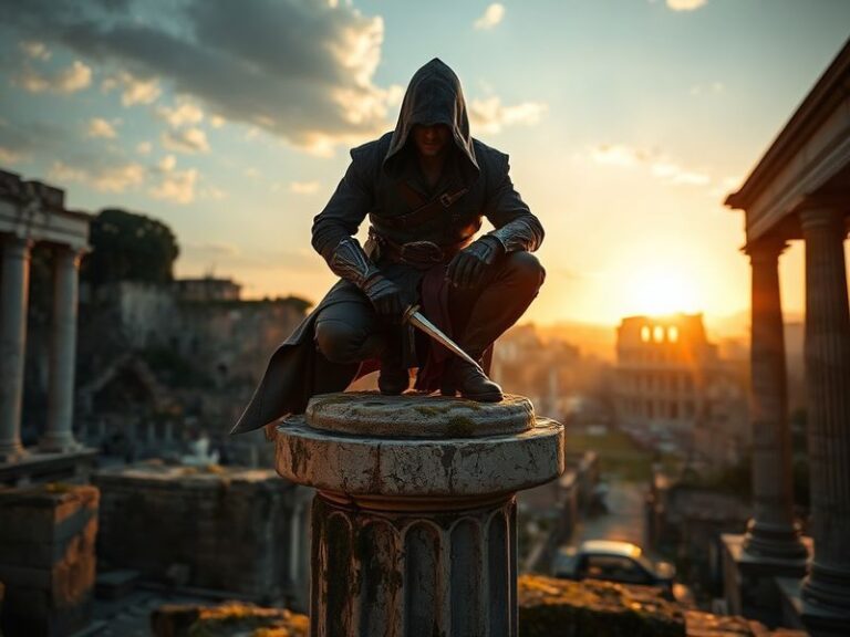A cinematic scene combining elements from multiple Assassin's Creed games: Altaïr in 12th-century Jerusalem, Ezio in Renaissa