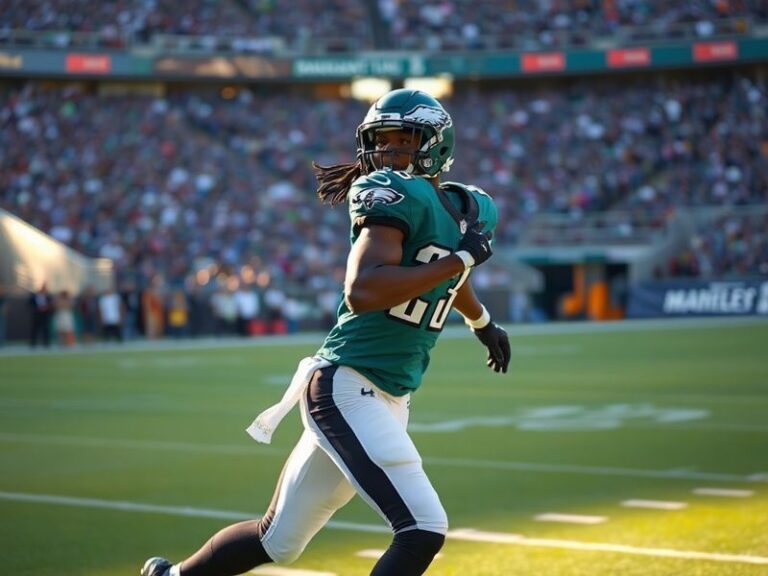 A mid-action shot of Jalen Hurts in an Eagles uniform during a game, with Jason Kitna on the sidelines observing. The backgro