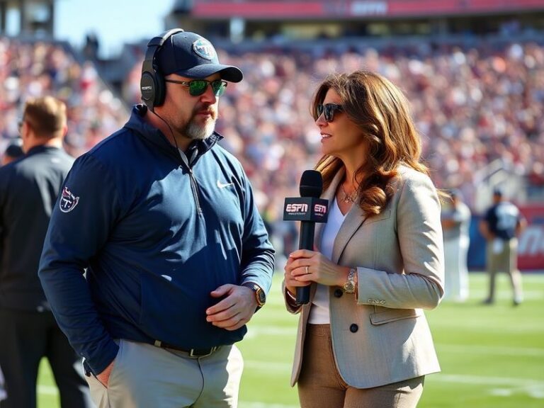 A candid photo of Mike Vrabel, former NFL coach, and Diana Russini, ESPN analyst, engaged in a professional conversation on a