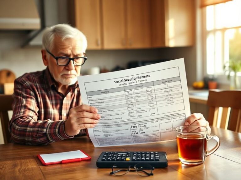 A close-up of an elderly couple reviewing financial documents with a calculator and Social Security statement on the table, c