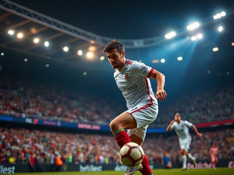 A dynamic action shot of Nuno Mendes in a PSG jersey, sprinting down the left flank with the Parc des Princes stadium blurred